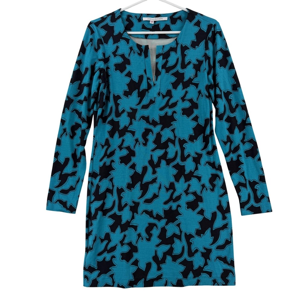 Diane Von Furstenberg Dress Womens Small Blue Geometric V Neck Shift Long Sleeve